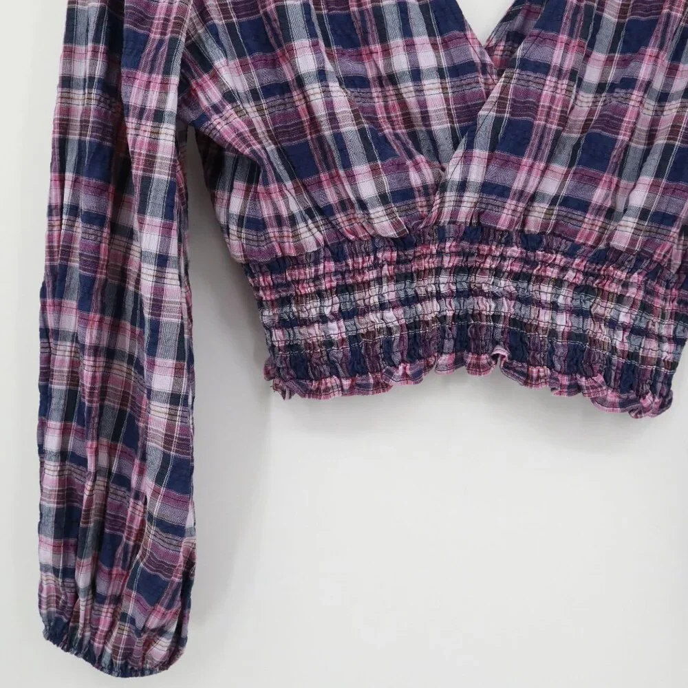 Zara Plaid Crop Top Womens S Blue Puff Sleeve Preppy Picnic Summer Resort Travel